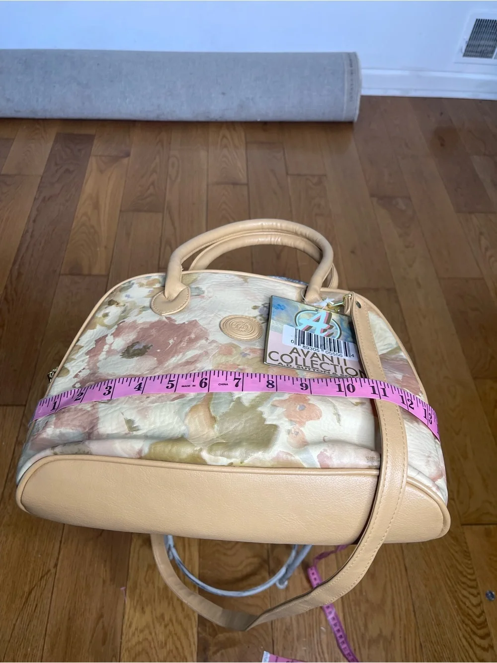 Vintage Beige Floral Satchel with Tan Trim
